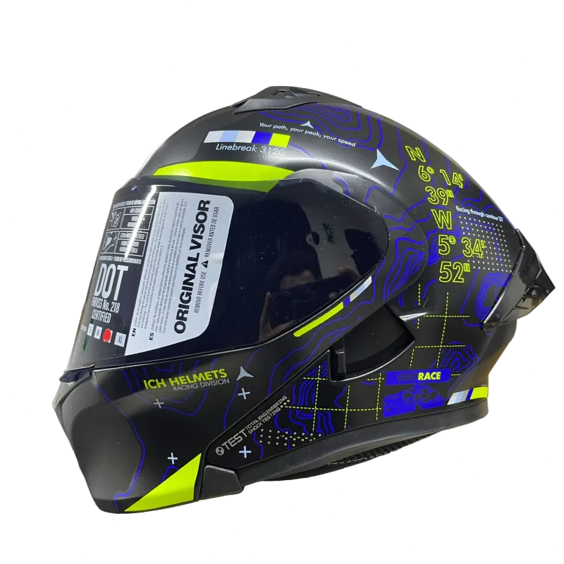 CASCO ABATIBLE ICH 3120 TOPORIDER NEGRO MATE / AMARILLO - AZUL VISOR HUMO