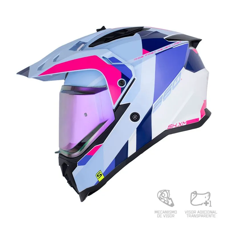 CASCO MULTIPROPOSITO SHAFT MX360 KOSH AZUL CLARO FUCSIA VISOR HUMO