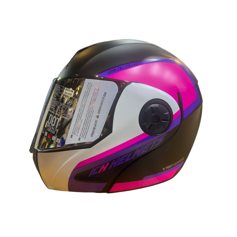 CASCO ABATIBLE ICH 3110 XPACER NEGRO MATE FUCSIA VISOR PLATEADO
