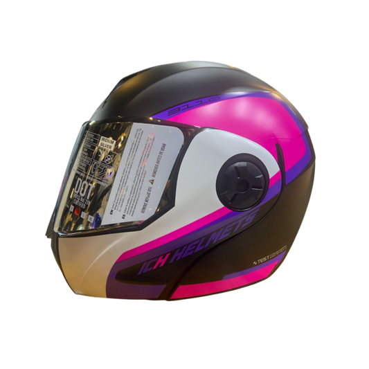 CASCO ABATIBLE ICH 3110 XPACER NEGRO MATE FUCSIA VISOR PLATEADO