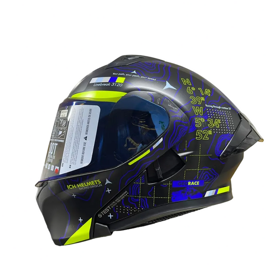 CASCO ABATIBLE ICH 3120 TOPORIDER NEGRO MATE AMARILLO VISOR AZUL