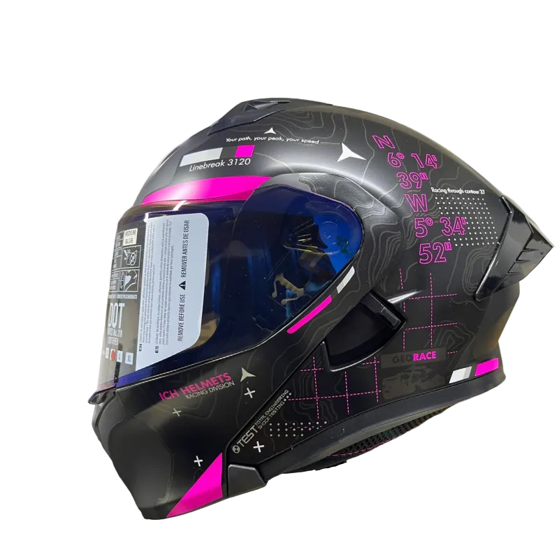 CASCO ABATIBLE ICH 3120 TOPORIDER NEGRO MATE FUCSIA VISOR AZUL