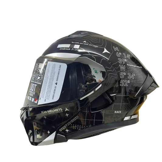 CASCO ABATIBLE ICH 3120 TOPORIDER NEGRO BRILLANTE BLANCO VISOR PLATEADO