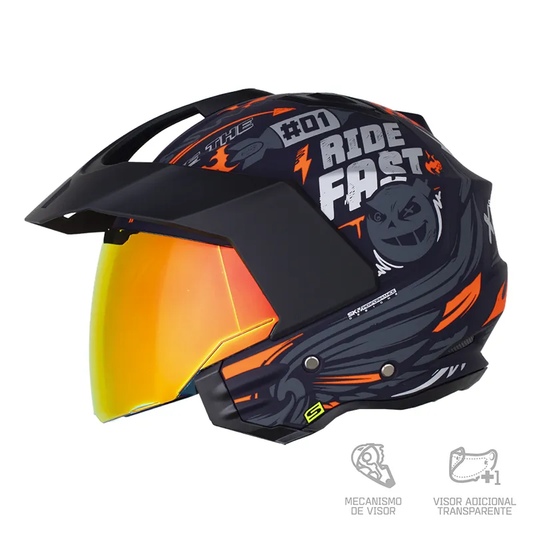 CASCO ABIERTO SHAFT 227 TRIAL RUSRUSH AZUL OSCURO PLATEADO VISOR RETRO