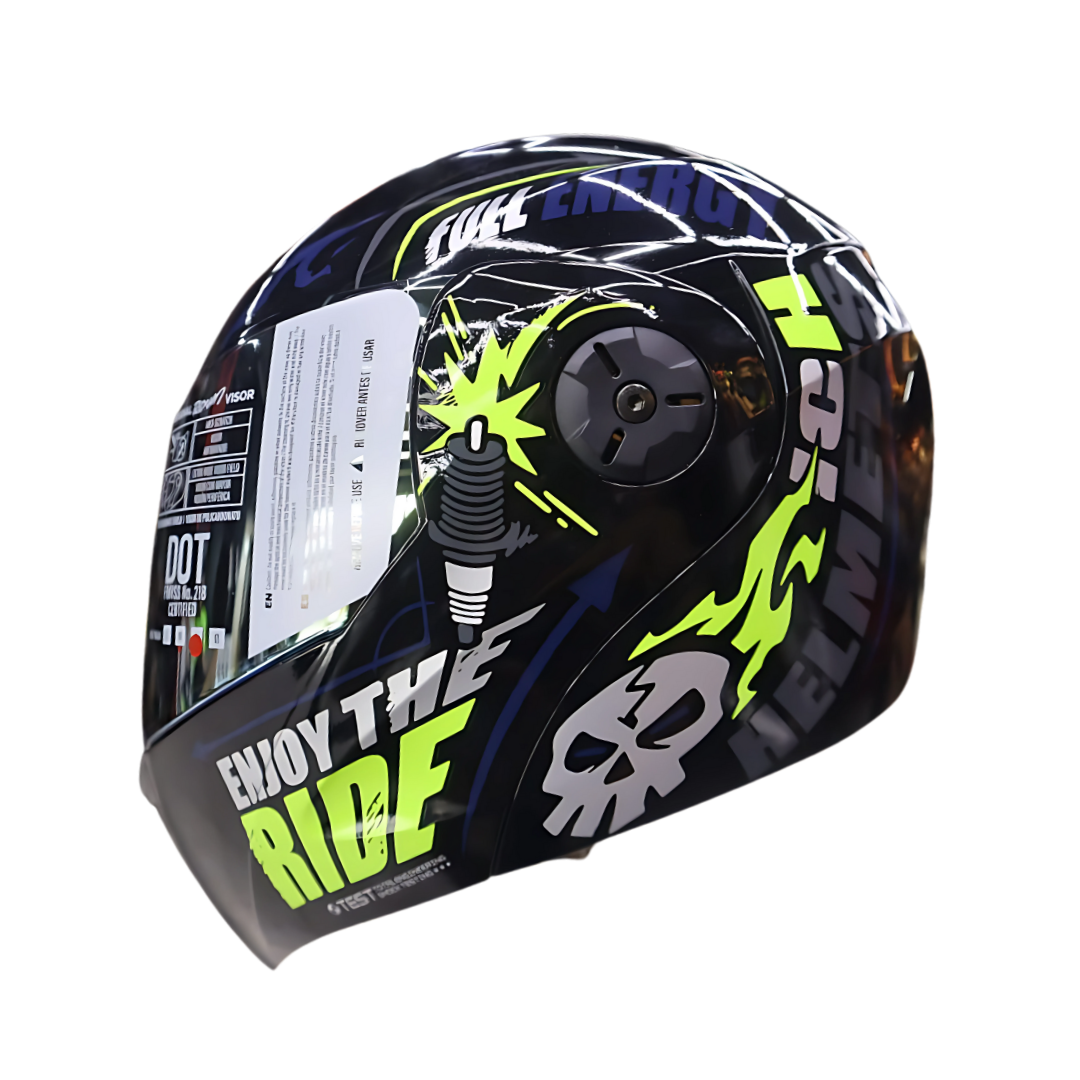 CASCO ABATIBLE ICH 3110 SPEED MASTER.(NEGRO BRILLANTE/AMARILLO NEON).VISOR DORADO